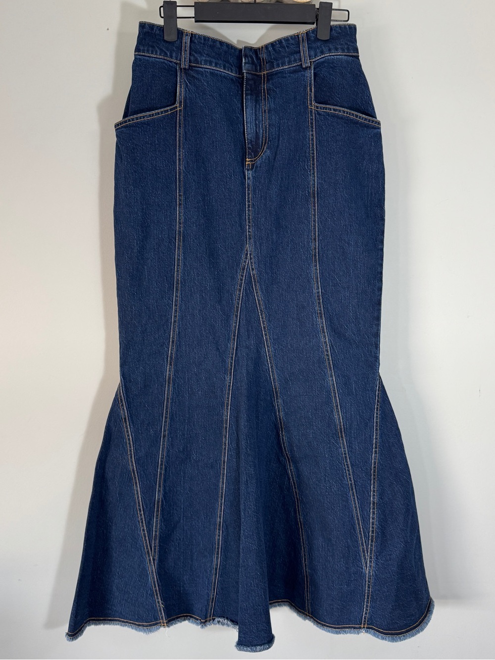 Anthropologie Pilcro Godet Flare Tulip Mermaid Denim Maxi Skirt Dark Wash Size 6 - Picture 4 of 16